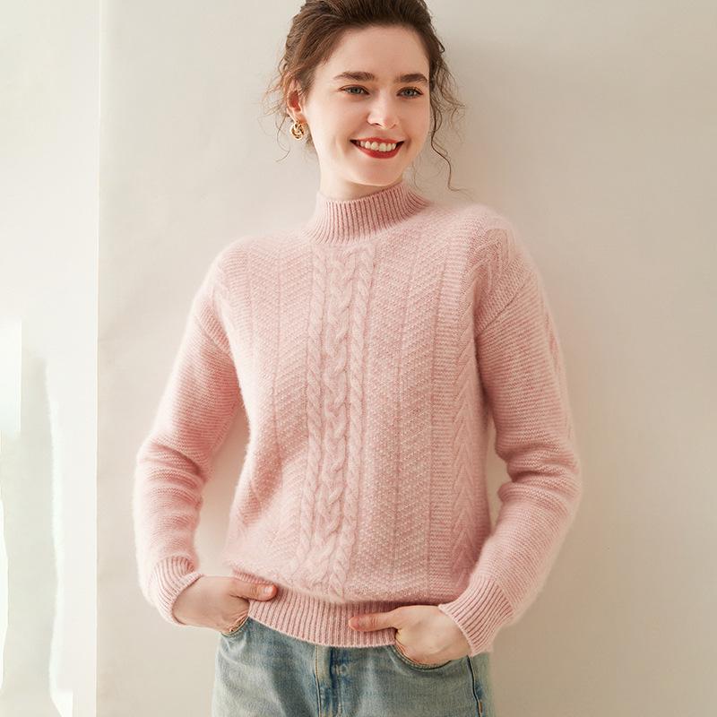 Women's Cashmere Semi-High Neck Long Sleeve Pullover - Solid Color, Casual, Loose, Thickened for Autumn/Winter.