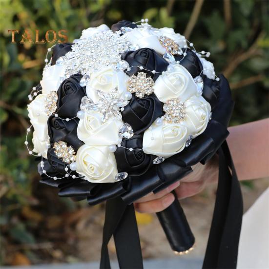 Wedding Bouquet for Bride Satin Artificial Flower Bridal Bouquet with Rhinestones Faux Pearls Bridesmaid Flower Bunch with Handle for Wedding