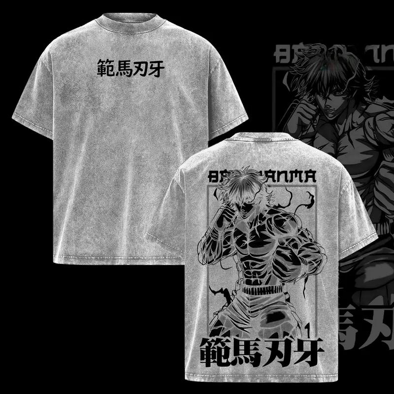 Hanma Baki Print T-shirt Anime BAKI Clothing Men Women Short Sleeve Tshirts Vintage Washed T Shirt Harajuku Male Cotton Tops