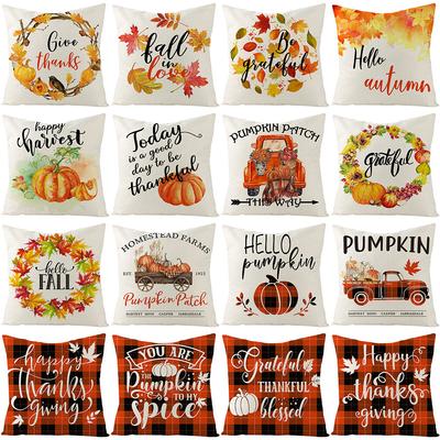 Autumn Maple Leaf Pumpkin Print Polyester Pillow Cover Home Furnishings Letter Plaid Sofa Cushion