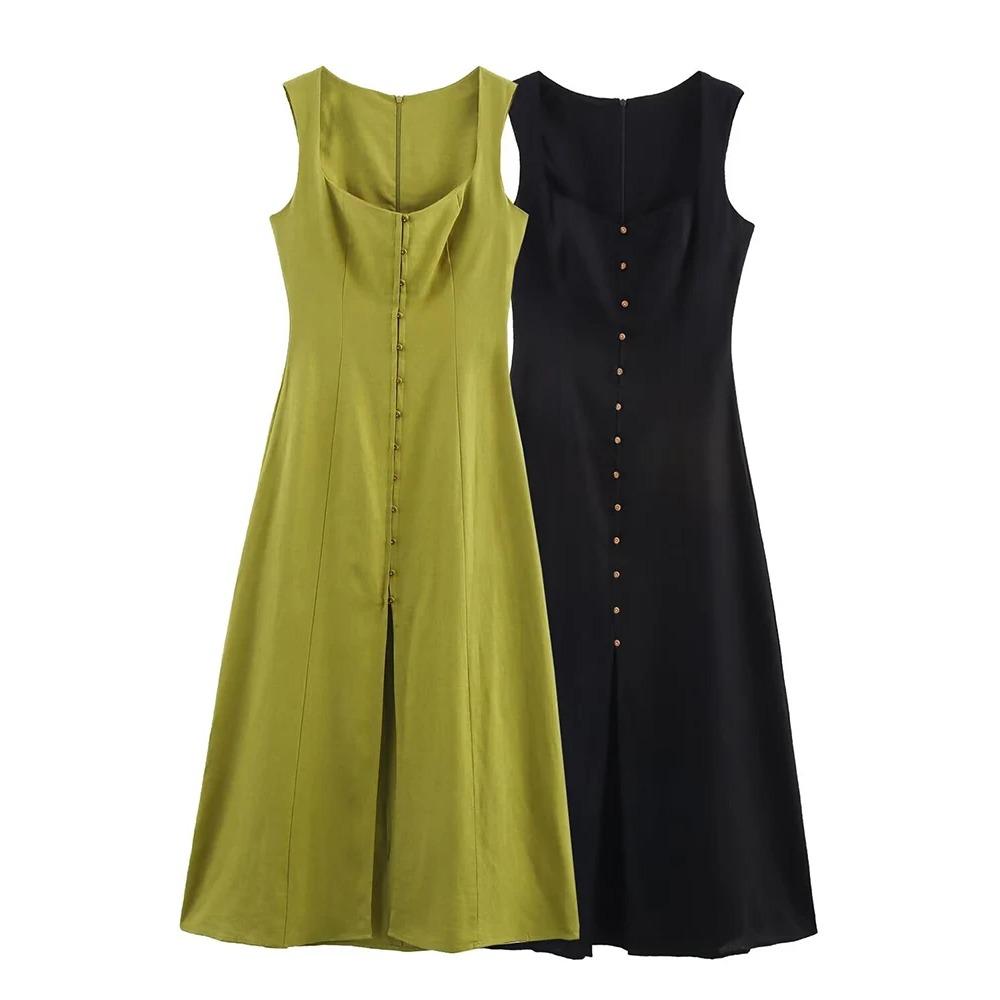 Women's A-line Long Dress Elegant Square Neck Sleeveless Wide Sling Maxi Dresses Lady Commute Button Dresses