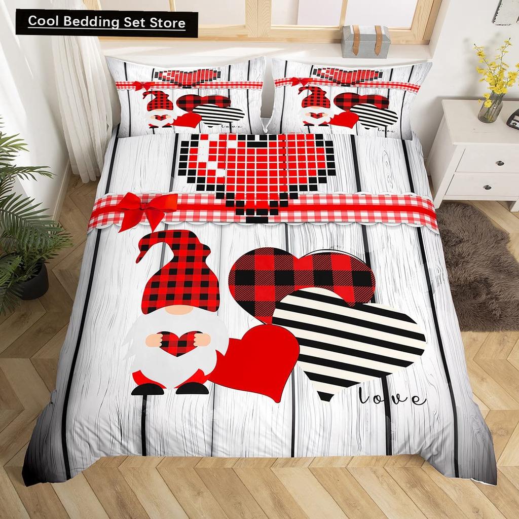 Valentinstag King Bettbezug Romantisches Bettwäsche-Set Kawaii Paar Wichtel Bettdeckenbezug Rosa Rosen Herzen Polyester Steppdeckenbezug