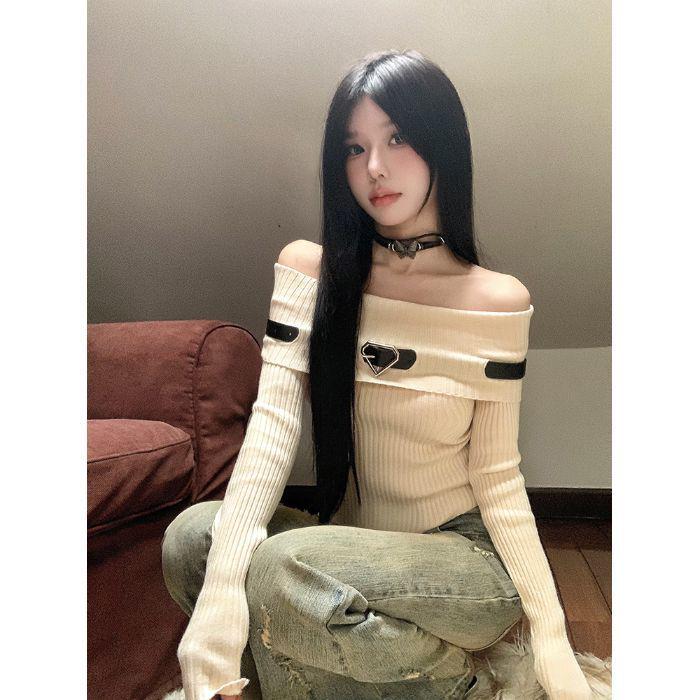 

Сладкий пикантный топ на одно плечо - Осенне-зимний свитер с длинным рукавом и открытым плечом One Size абрикосовый