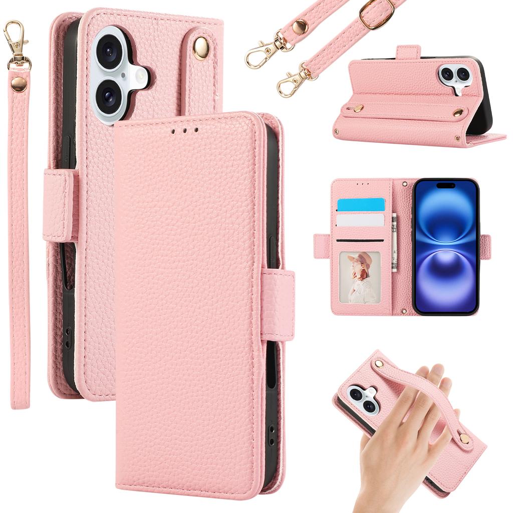 For iPhone 16 Plus Leather Case with Card Holder, Straps, Shockproof Wallet Phone Cover