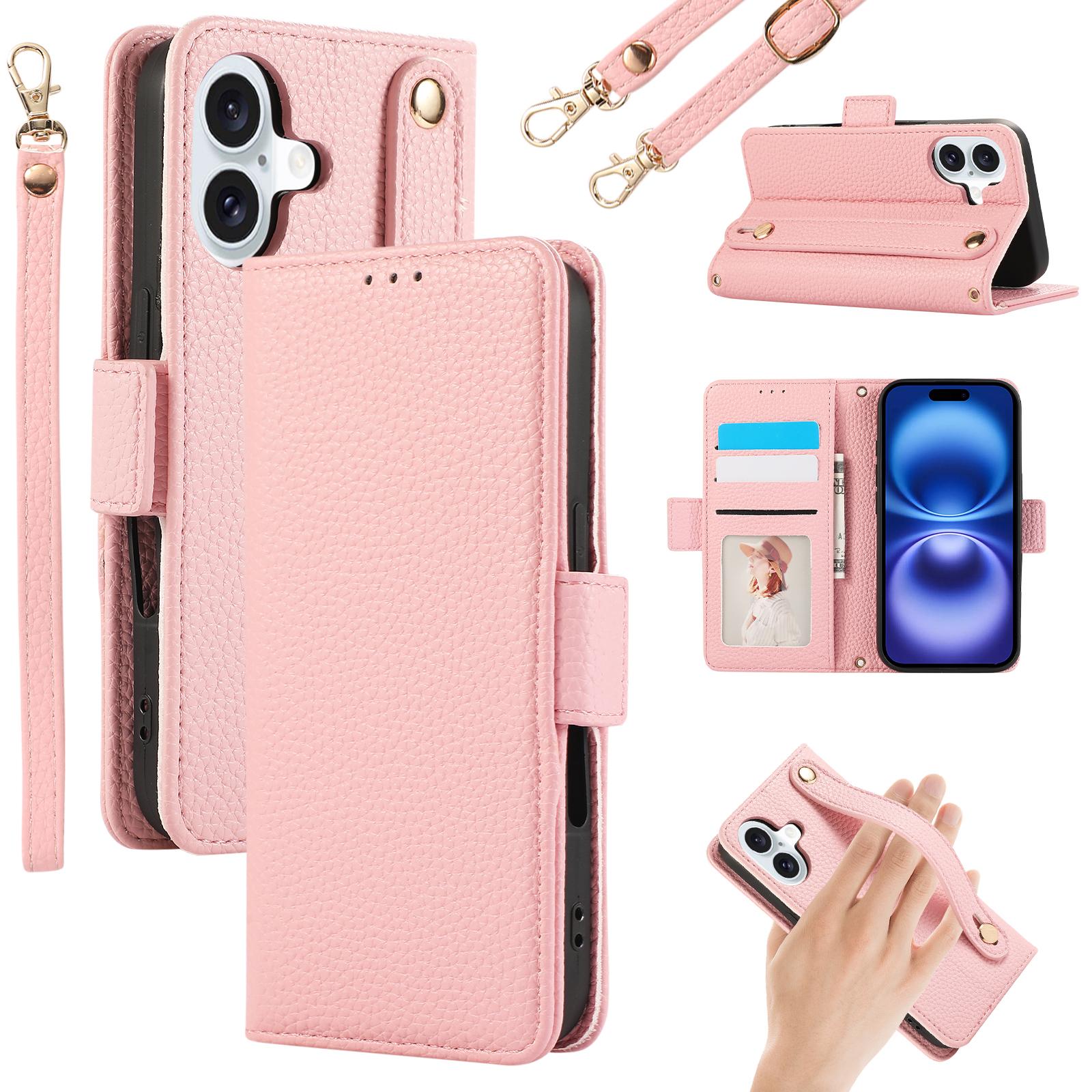 

For iPhone 16 Plus Leather Case with Card Holder,Straps,Shockproof Wallet Phone Cover Pink