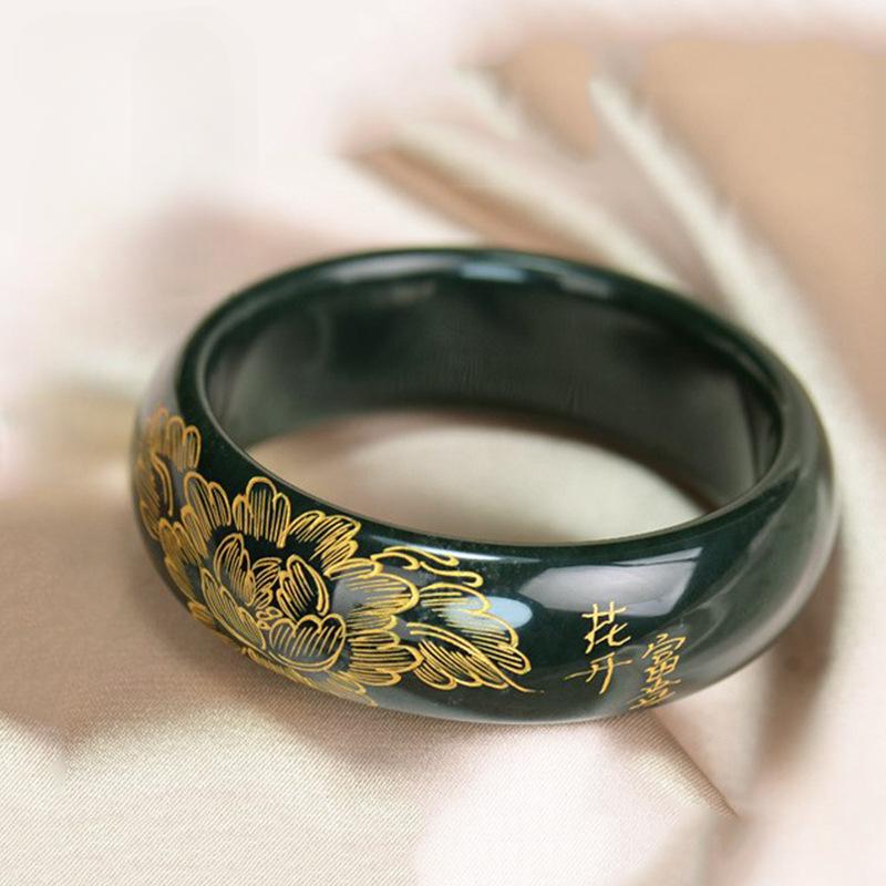 Браслет из натурального золота с рисунком Хотанского нефрита, модный браслет с изумрудным шармом, нефритовый браслет для женщин, подарок 56-58mm