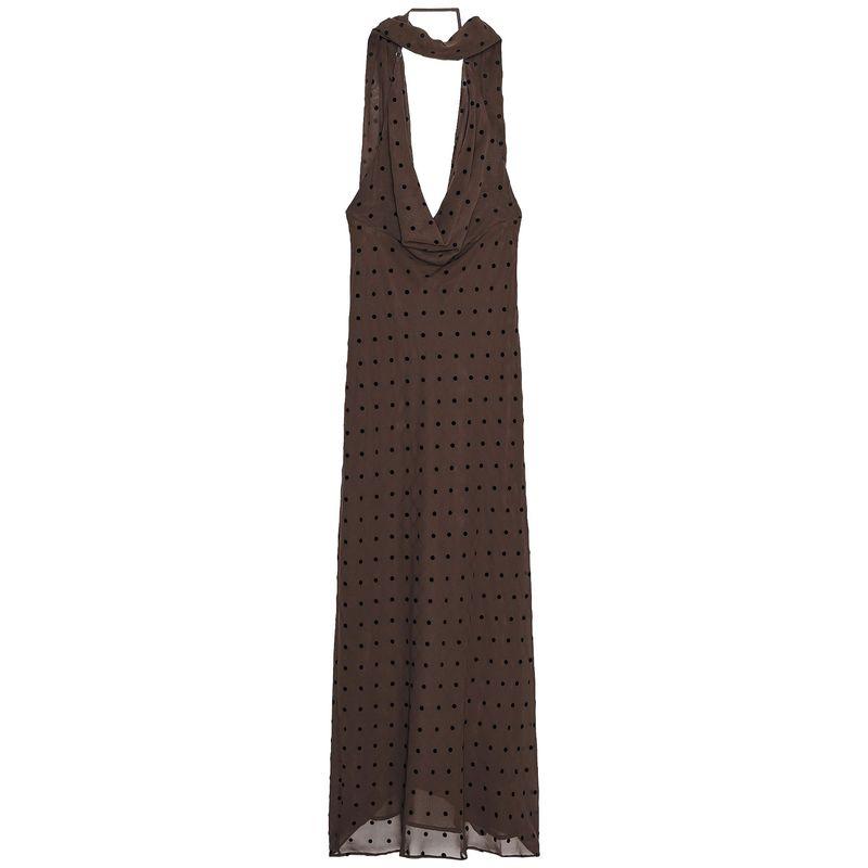 

Zaprha 2025 Autumn New Elegant Pleat Neck Collar Polka Dot Scarf Backless Long Dress 3067232 Brown L
