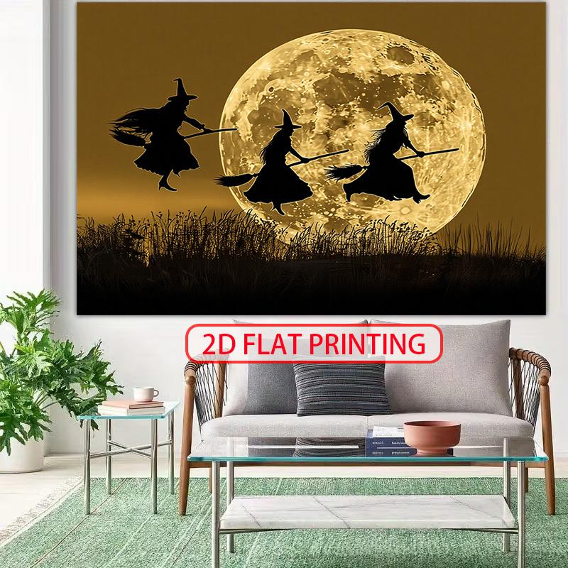 2D flat banner on the terrifying Halloween night featuring a dark shadowy witch flying on a broomstick.PMJ