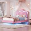 Single Bed Crown Shape Children with Headboard LED Light Heavy Princess Duty Strong Carrying Capacity Girl Bedroom Furniture Upholstered