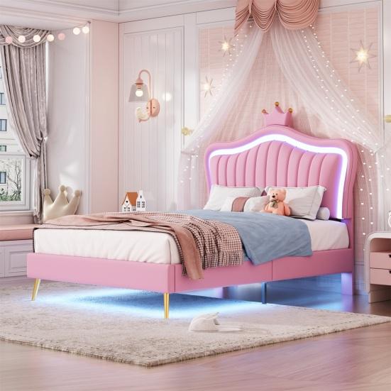 Single Bed Crown Shape Children with Headboard LED Light Heavy Princess Duty Strong Carrying Capacity Girl Bedroom Furniture Upholstered