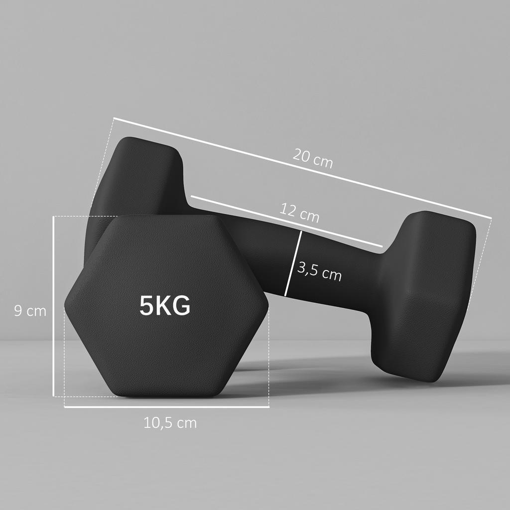 Hexagonal Dumbbells, Set of 2, 2 x 5 kg, Non-Slip Handles, Black