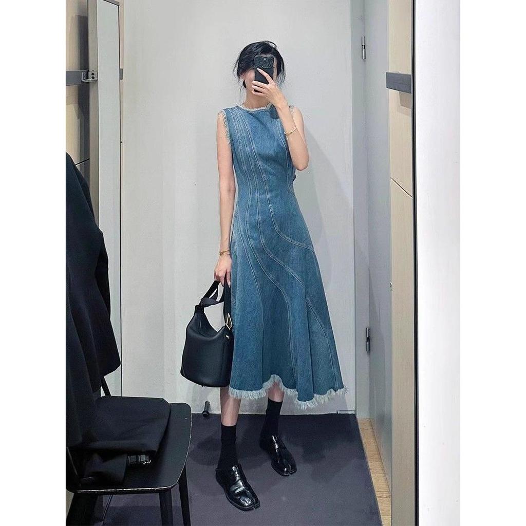 Women's Summer French Retro A-Line Sleeveless Denim Dress – Petite Loose Fit