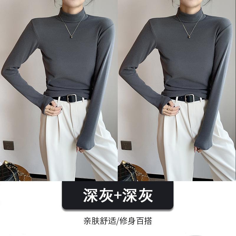 Combination Semi-turtleneck Double-sided German Velvet Bottoming Shirt for Women's Autumn and Winter with Solid-color Warm Long-sleeved Top