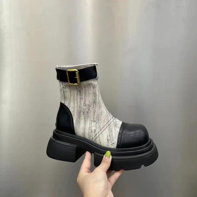 Móda 2024 Nové Značkové Dámské Boty Střední Podpatek Kozačky Kulatá Špička Silná Podrážka Kozačky Dámské Denimové Záplaty Kotníkové Dámské Baleríny Léto Rock