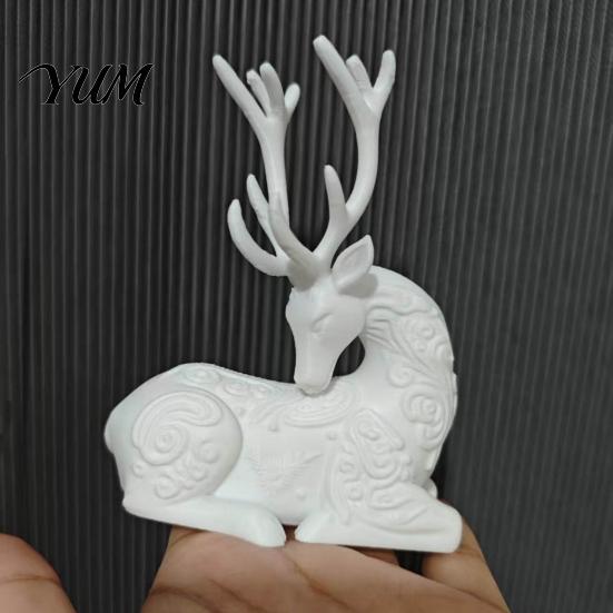 Elegant Animal Figurines 3D Printed Deer Figurine, White Sitting Stag Sculpture with Antlers, Home Accents Minimalist Christmas Tabletop Decor