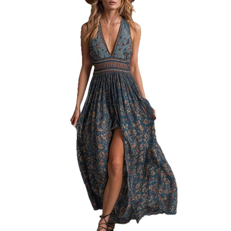 Summer New Bohemian Sleeveless Print Deep V-Neck Split Dress