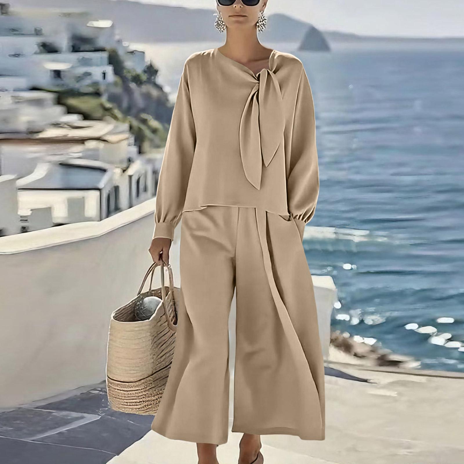 

Комплекты из двух предметов для женщин, повседневные свободные рубашки с длинным рукавом и шорты на кулиске с высокой посадкой, спортивные костюмы M бежевый