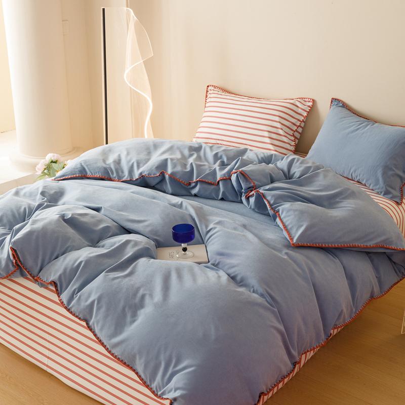 Purple Blue Bedding Set Protein Durable Washed Cotton Color Block Shell Embroidery Comforter Cover Full Size with Pillowcases