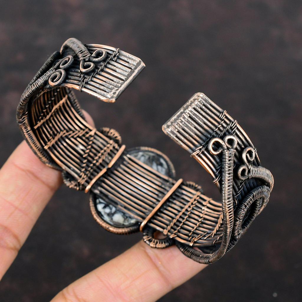 Pinolith Jasper Bangle Copper Wire Wrapped Cuff Bracelet Adjustable Bangle Handmade Jewelry Gemstone Bangle Copper WireJewelry Gift For Her