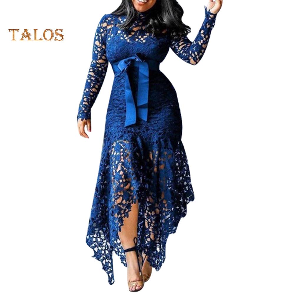 TS Women Long Sleeve Bow Belted Irregular Hem Hollow Lace Bodycon Long Dress