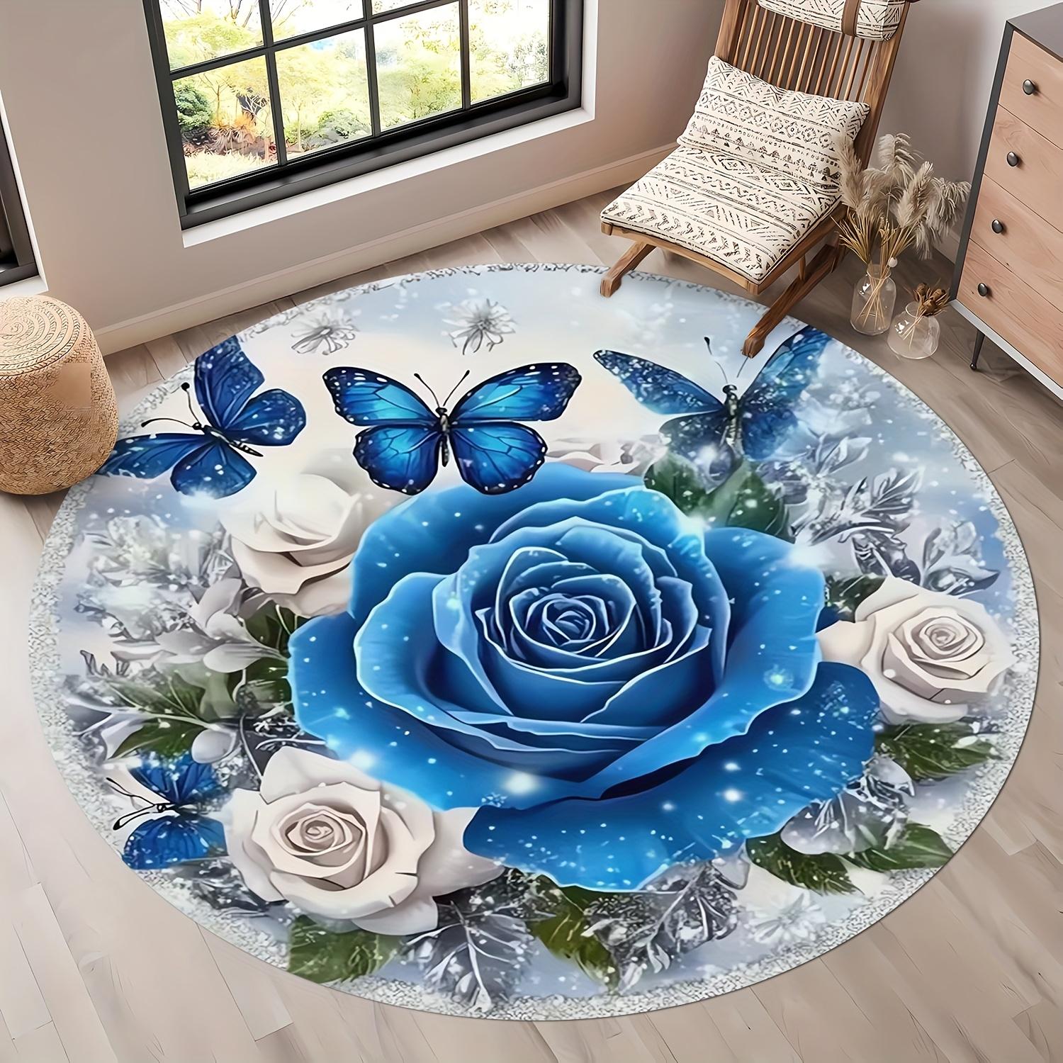 

Элегантный круглый напольный коврик с цветочным узором Синяя роза и бабочка для гостиной и спальни, элемент декора дома 60cm