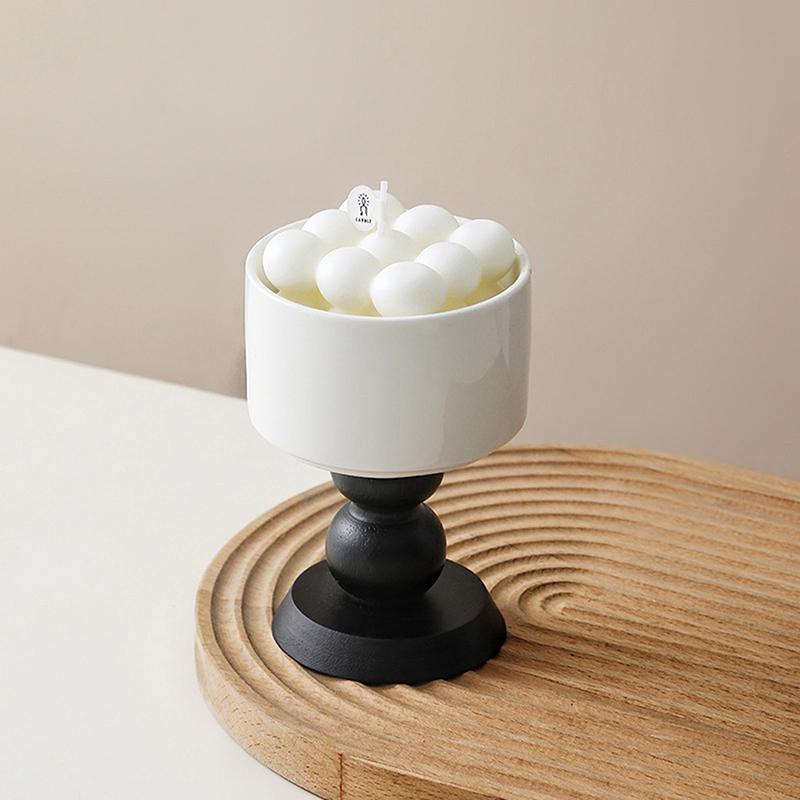 French Vintage Dessert Ice Cream Ceramic Goblet High-Legged Retro Wooden Handle Tea Fruit Saucer Pudding Cup Candle Holder