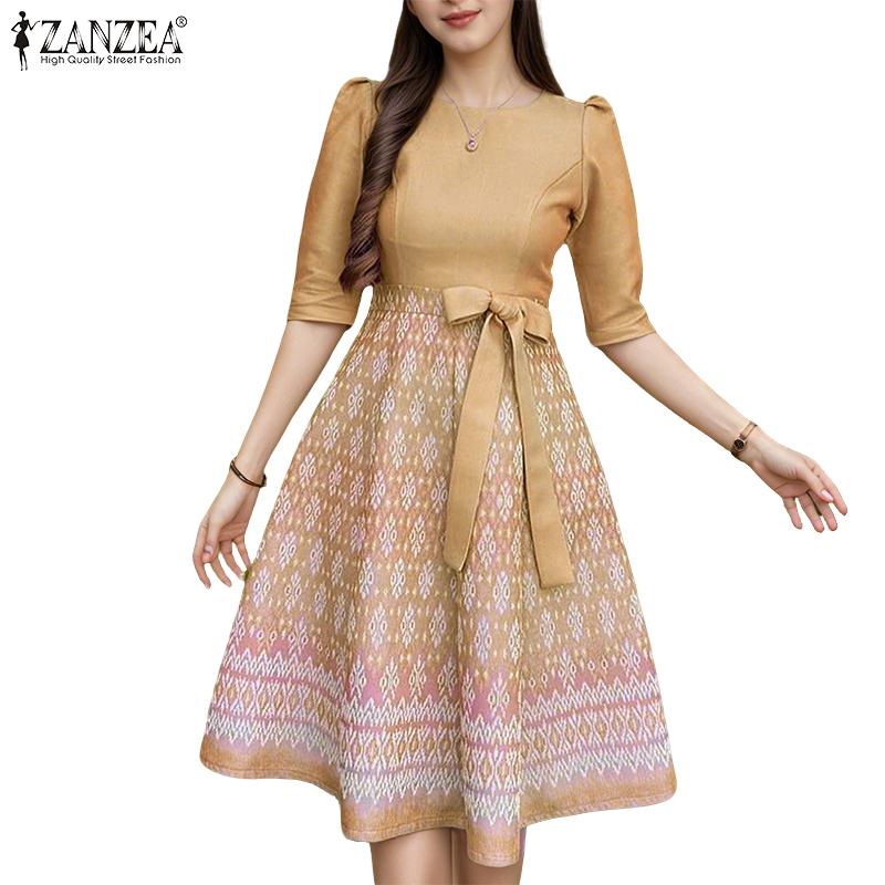 ZANZEA Robe d'été décontractée pour femme, col rond, manches courtes, imprimé patchwork