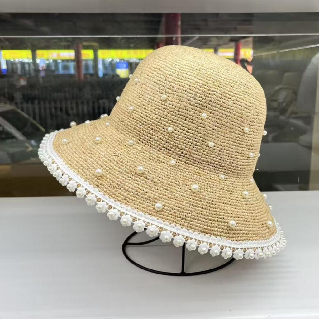 2026 Lafite Grass Day Single Fashion Pearl Straw Hat Women's Summer Sun Hat Beach Temperament Vacation Straw Small Basin Hat
