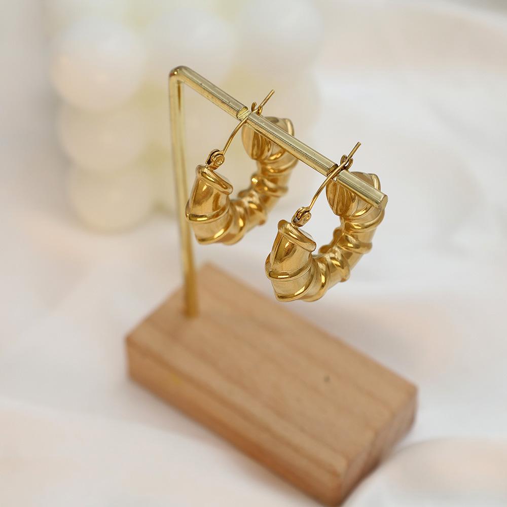 Personalized Trendy Bamboo Jewelry Women'S 18K Gold Titanium Steel Thick Hollow Earrings High-End Earrings