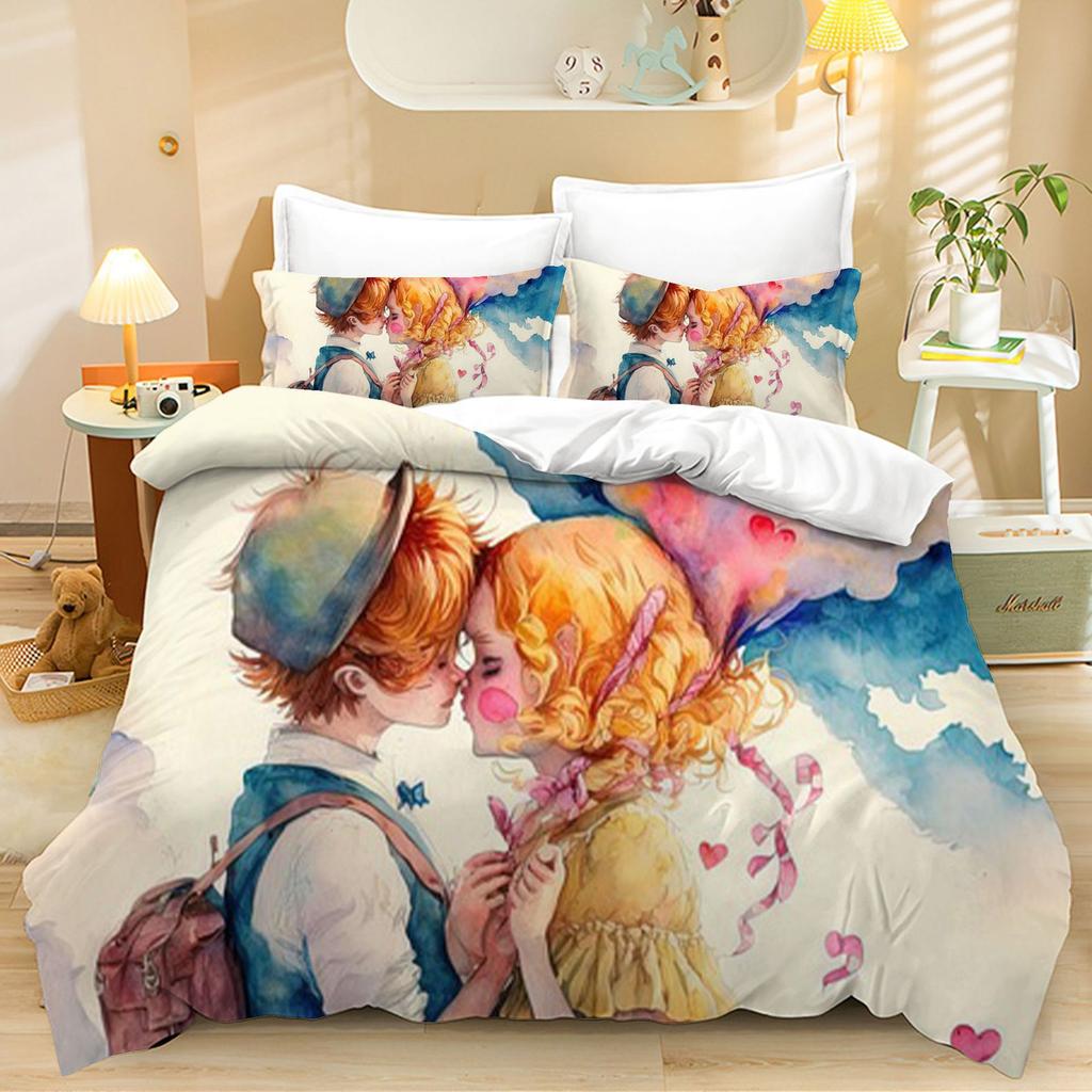 Home Textiles Three-Piece Romantic Valentine'S Day Cartoon Digital Printing Quilt Pillowcase Bedding