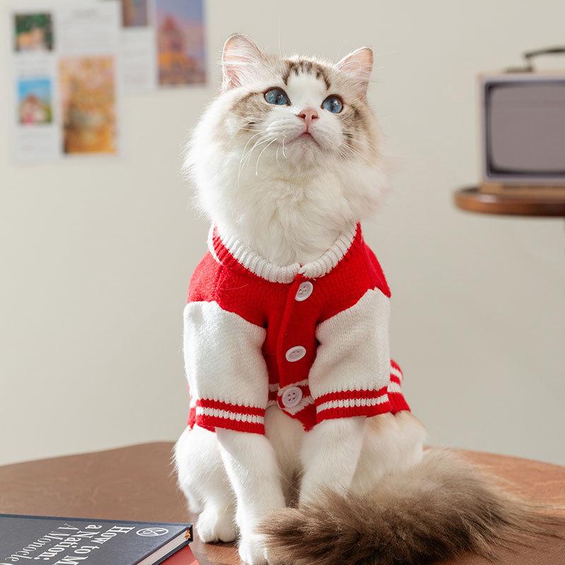 Cat Clothes Autumn and Winter Warm Fleece Baseball Jersey Sweater Cardigan Into Cat Kitten Bipedal Dog Pet Clothing
