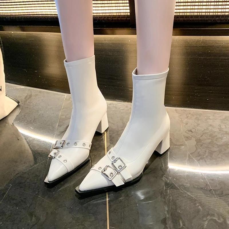 Fashion Block Heel Skinny Boots Women's Fashion Pointed Toe Rear Zip Rivet Metal Belt Buckle Non-Slip High Heel Shorthole Boots