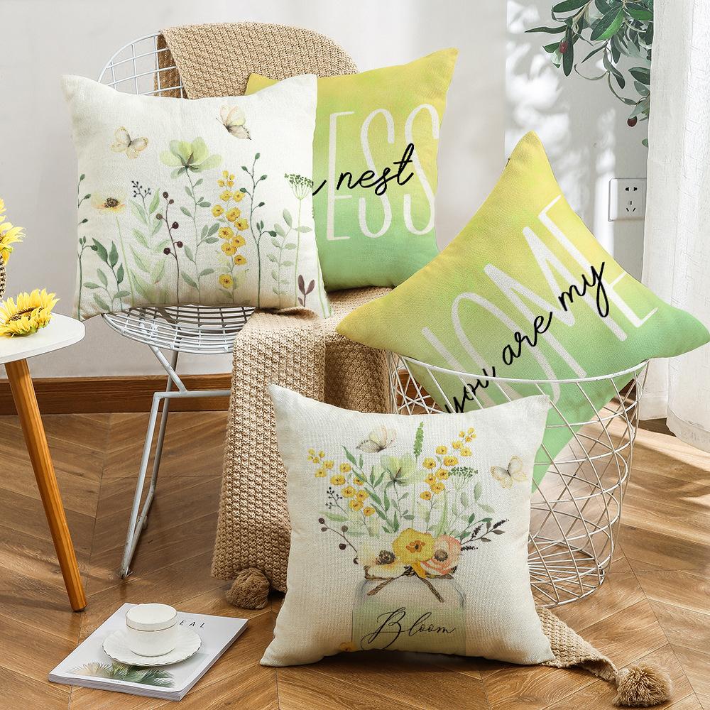 New Summer Throw Pillow Cover with Floral Letter Print Linen Throw Pillow Decoration Sofa Back Throw Pillow Cover