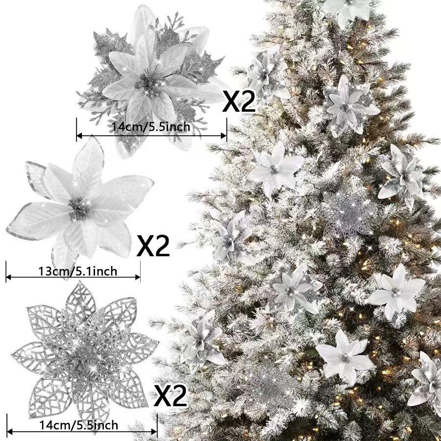 6-24 Stück 15cm Künstliche Weihnachtsblumen mit Clips Stielen, Weihnachtsbaumschmuck Glitzerblume für Girlande Neujahrsparty Dekoration