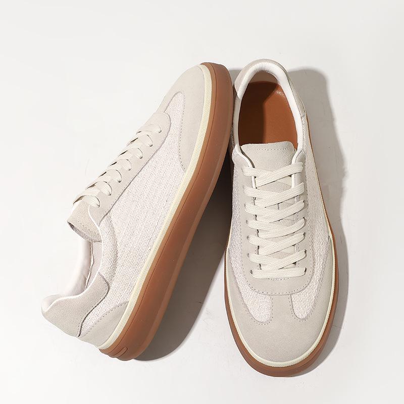 Men's Old Money Style Low-Top Breathable Cowhide Spliced Linen White Skate & Running Shoes
