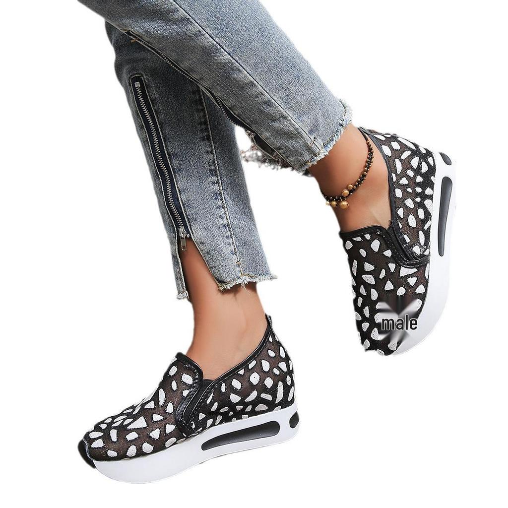 Women's Korean Style Breathable Mesh White Slip-On Mid-Heel Platform Casual Shoes