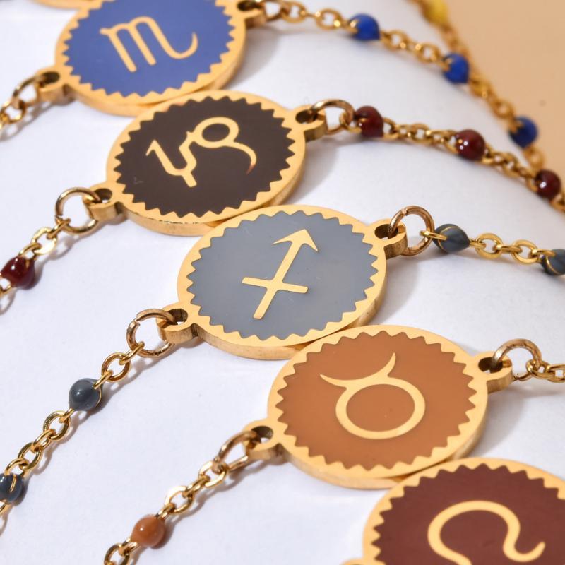 Stainless Steel Chain Zodiac Sign 12 Constellation Bracelet Charm Gold Color Chain Bracelet For Women Birthday Jewelry Gifts