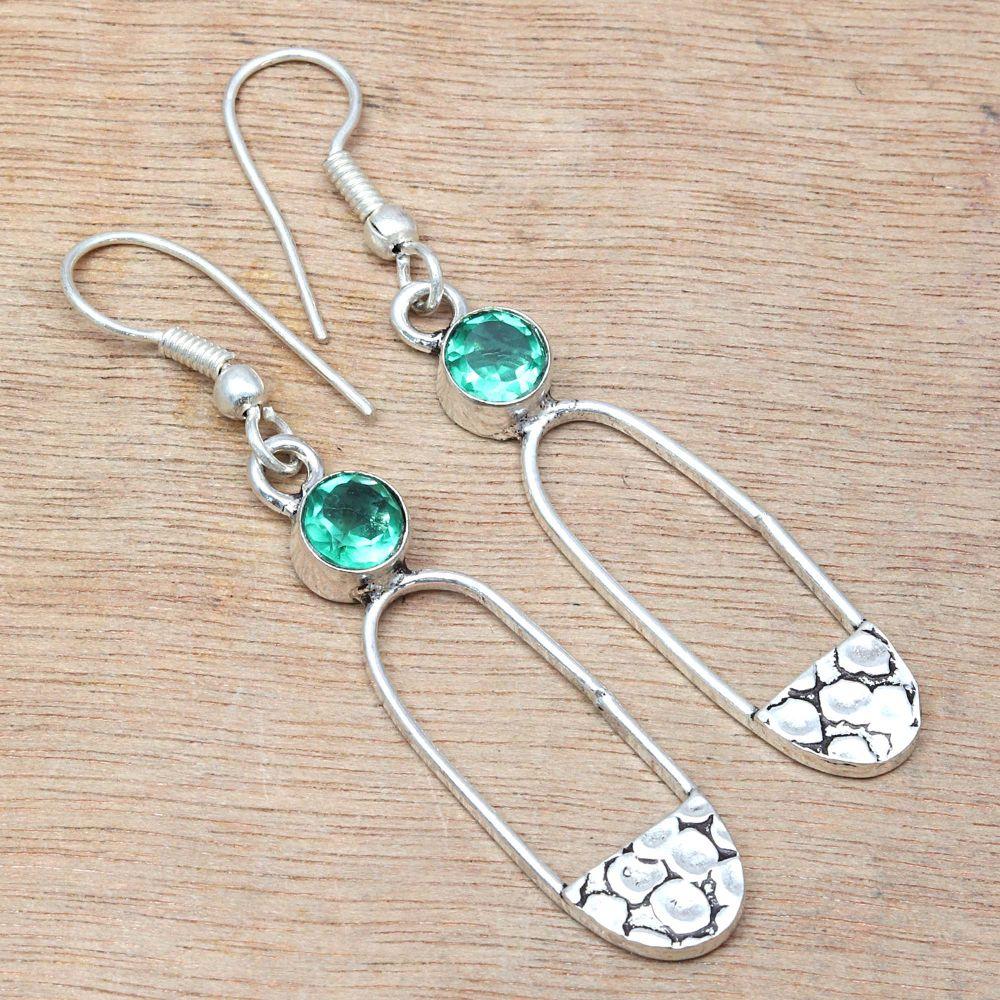 Emerald Quartz Gemstone Handmade Silver Jewelry Earrings 1.5''