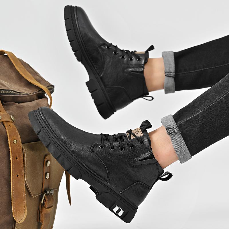 Versatile Outdoor High-end High Quality Leather Ankle Boots Men Lace Up Thick Soled Boots High Quality Waterproof New Men Boots