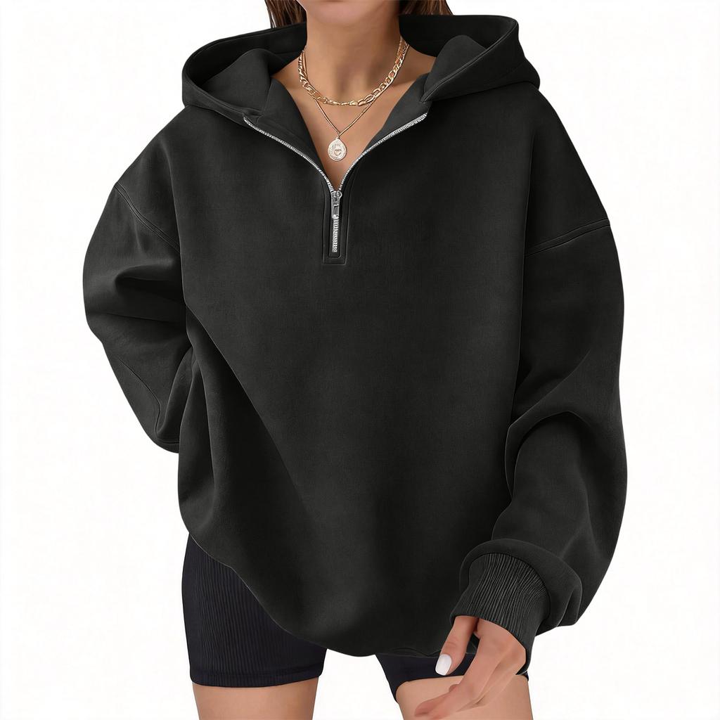 Women's casual fashionable long-sleeved hooded pullover with half-zip on the chest
