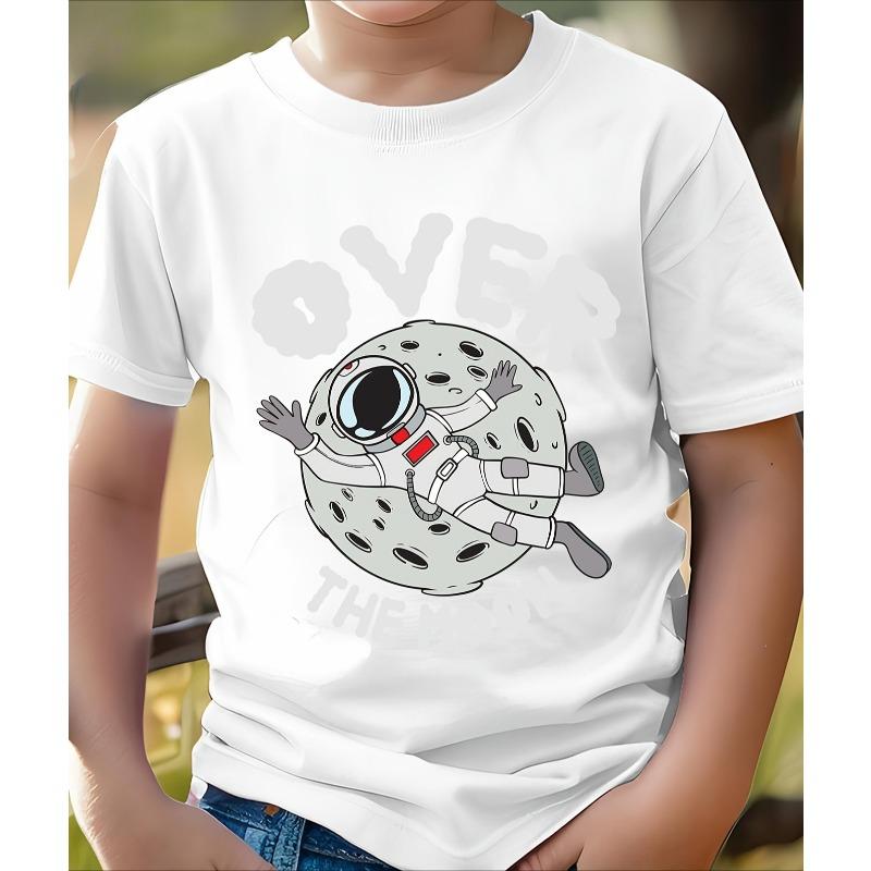 Kids Cotton Crewneck Short Sleeve Tee, Over the Moon Space Graphic Relaxed Fit Breathable Summer Top 110 белый