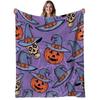 1pc Cozy Flannel Blanket - Soft Warm 280gsm Heavy-Duty Purple Witch Hat & Jack-O'-Lanterns Print with Witches, Skulls & Bats - All-Season Bedspread, S
