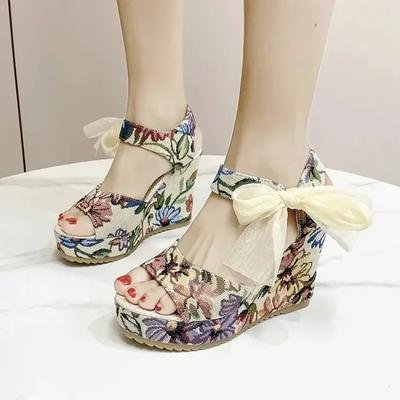 Sandals Women's Floral Print Mesh Bowknot Decor Wedge Strappy Open-toed Sandals Heels Platform Shoes Ankle-strap Dress Sandals