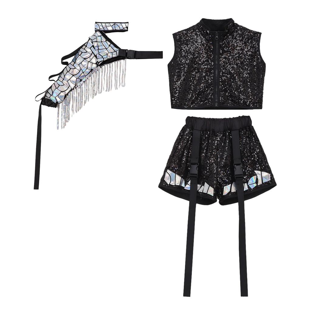 Completo Hip Hop Danza Bambini Top Corto Senza Maniche Zip Up Laccato Paillettes Shorts Set Maniche con Nappe Staccabili