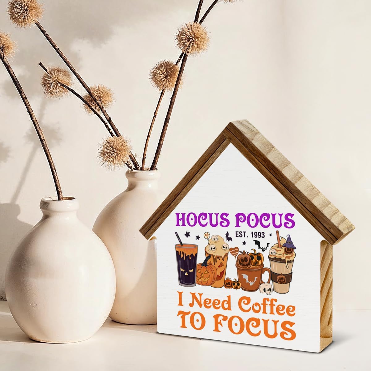 Halloween Coffee Decor Funny Hocus Pocus I Need Coffee to Focus House Shape Wooden Sign Halloween Office Home Kitchen Decorations