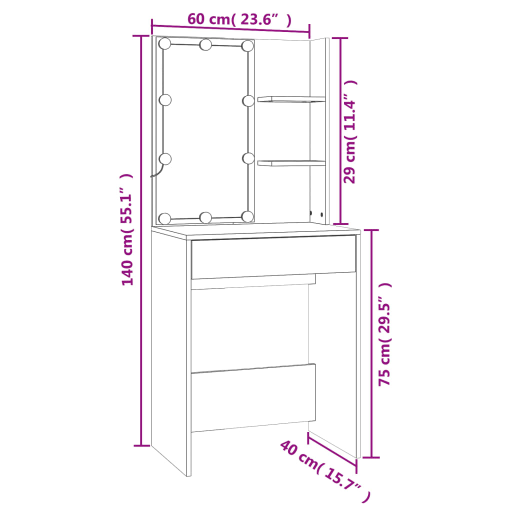 LED Vanity Table with Cabinet Smoked Oak Wood Based Material