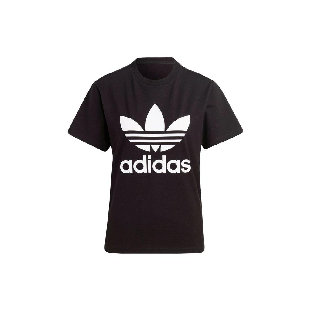 Adidas Originals Trefoil Logo Print Crew Neck Short Sleeve T-Shirt Women Tops Black IB7421