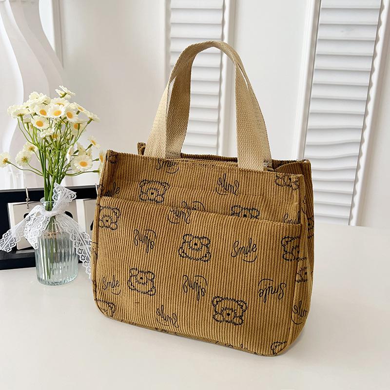 Cartoon Cute Bear Handbag Small Portable Lunch Bag for Work New Corduroy Outing Mummy