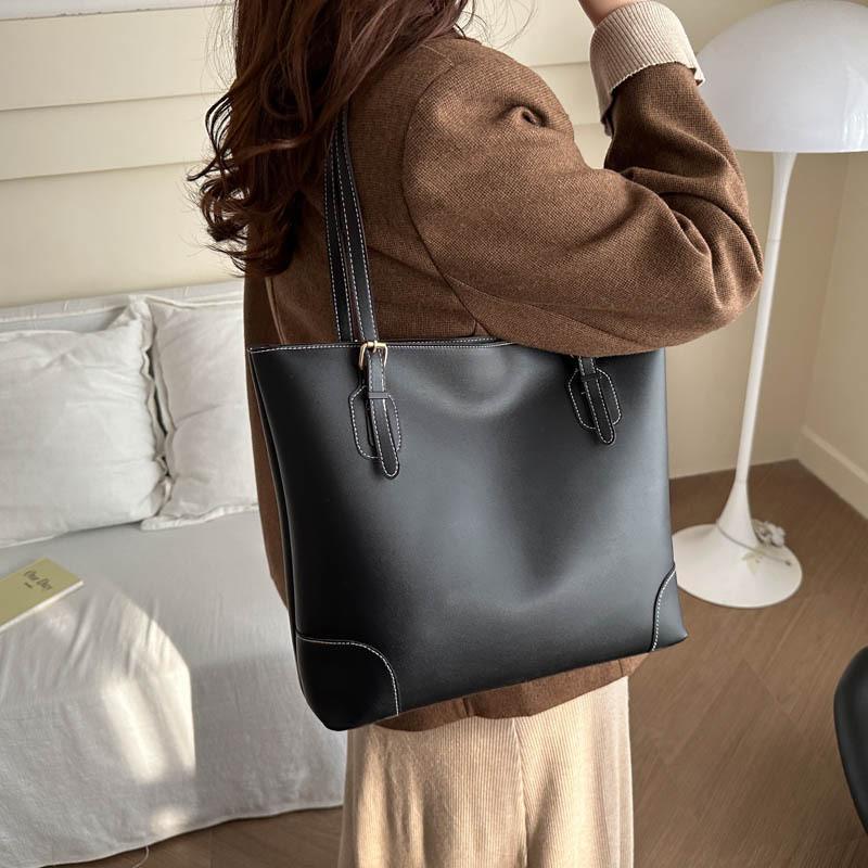 Chic Large Capacity Tote Bag With French Style In Black Khaki And Brown Colors For Trendy Women