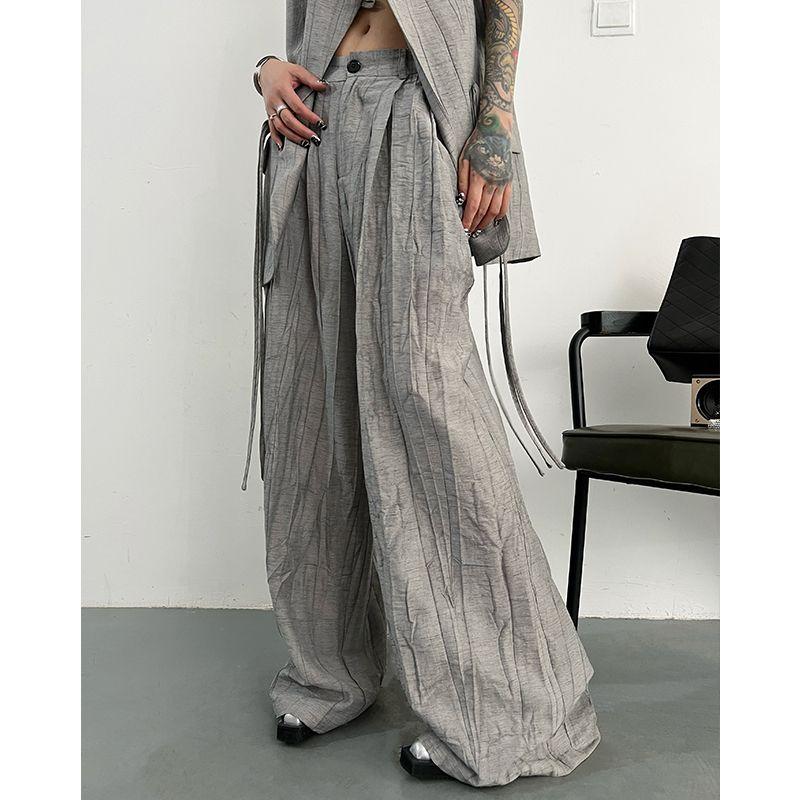 

Atmosphere Stylish Fried Street Sleeveless Vest Top Long Texture Sense Ruched Loose Wide Leg Pants Suit Female Summer Grey pants S (around 40.00 kg-50.00 kg)